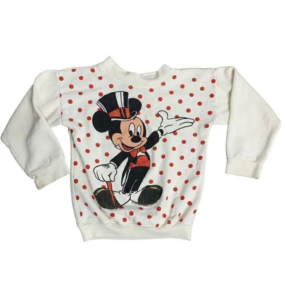 Vintage 80s Disney Mickey Mouse Sweatshirt 6X White Polka Dot Crewneck Pullover